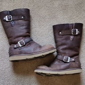 Brown Leather Ugg Buckle Boots